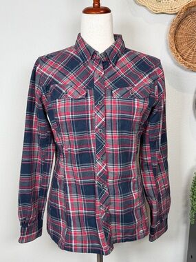 Womens Simms Red Blue Button Up Flannel Outdoor Fishing Shirt Too Size Medium